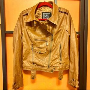 Paper Denim & Cloth Camel/Tan Faux Leather Moto Jacket with Stud Accents